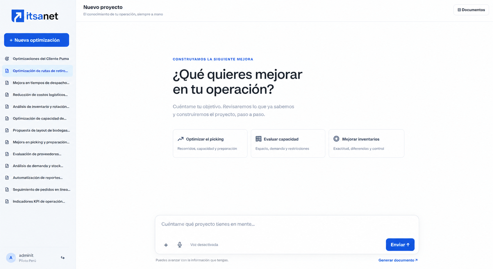Vista de la herramienta para definir proyectos de optimización de picking, capacidad e inventarios con IA